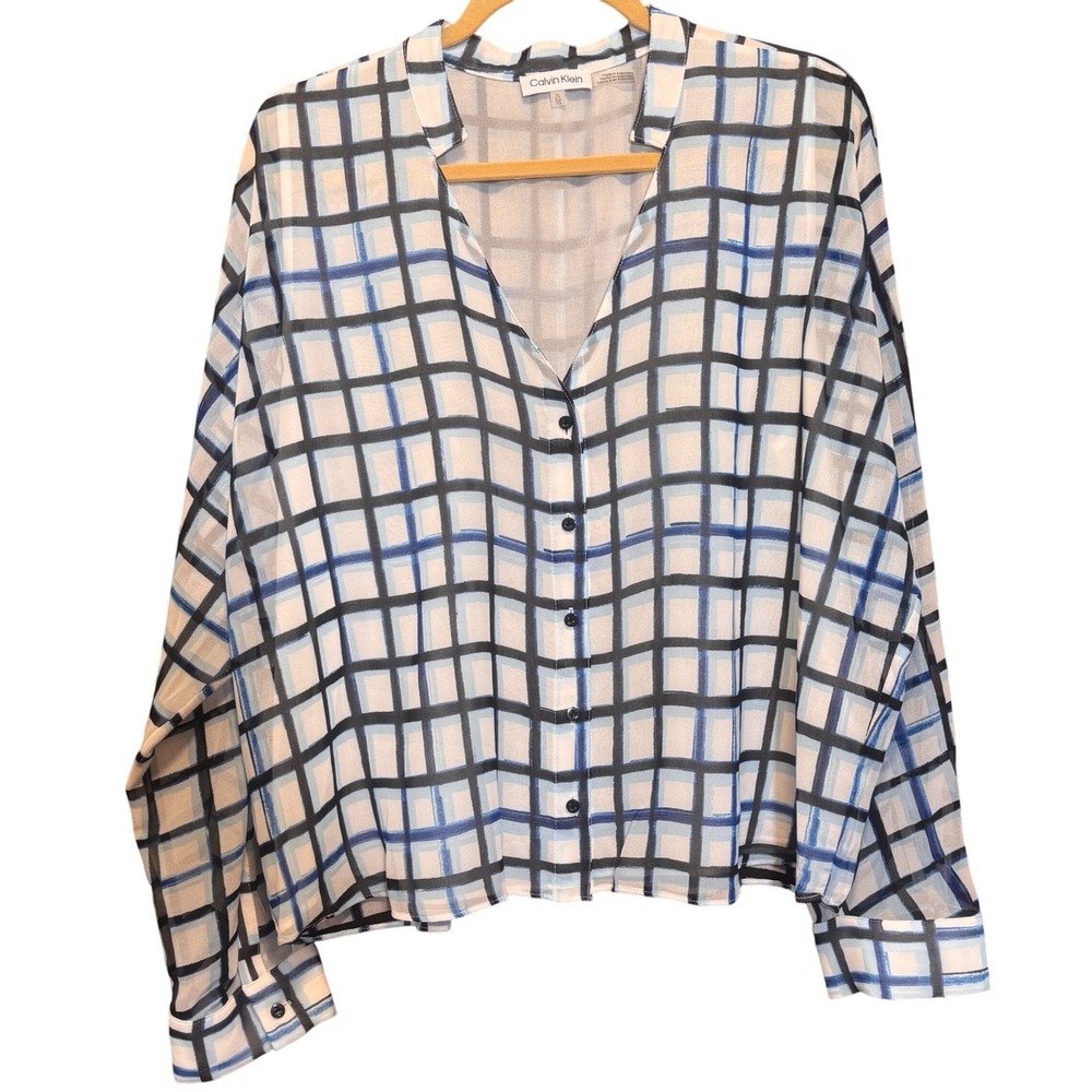 Calvin Klein Blue White Plaid V-Neck Button‎ Down Blouse XL M3KAZ539
